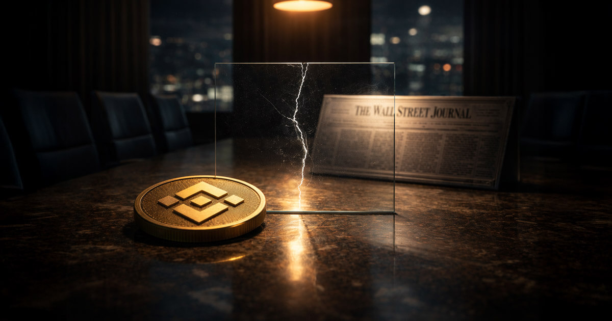 Binance coin on a boardroom table beside a cracked glass panel and a newspaper, symbolizing legal pressure and shifting media scrutiny surrounding the latest lawsuit against Binance