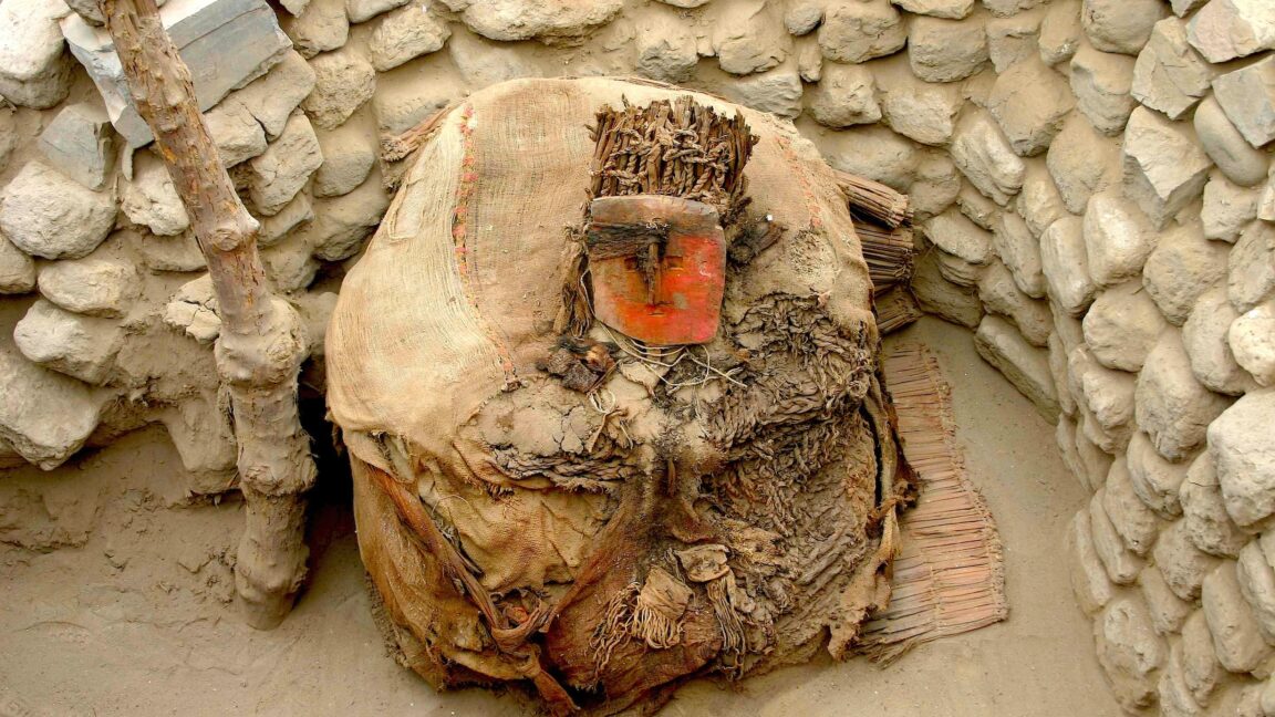 photo of a funerary bundle with a red-painted mask adorned with feathers