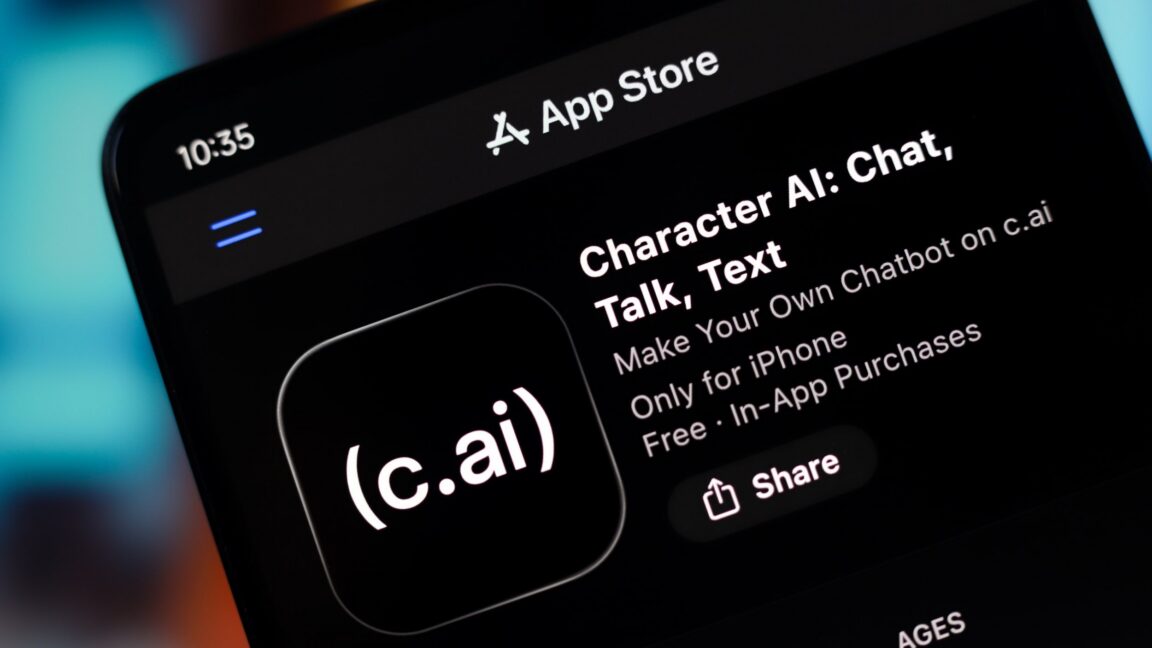 The Character.AI app store listing appears on an iPhone screen