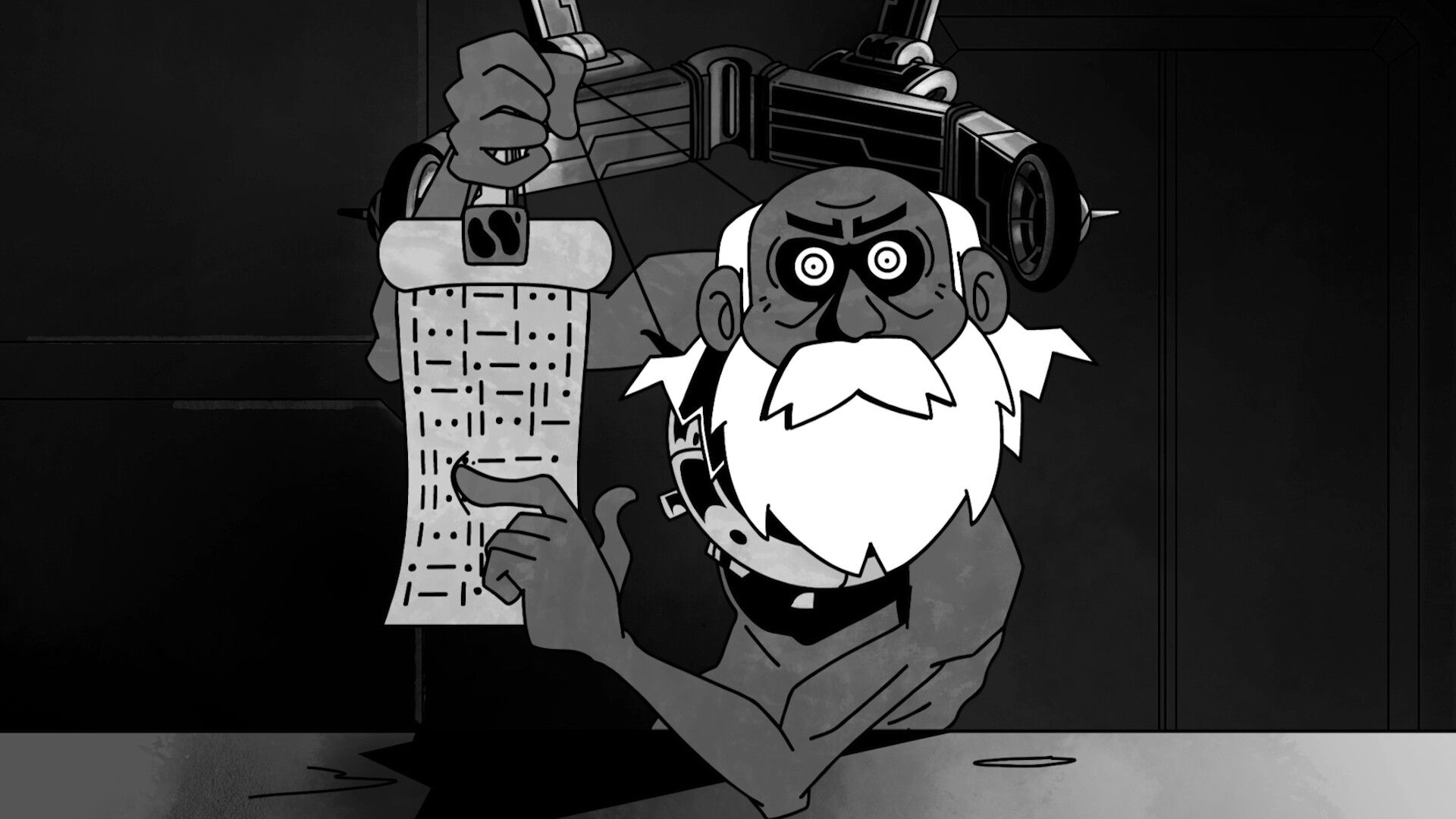 A bearded shirtless older man cartoon points menacingly at a scroll