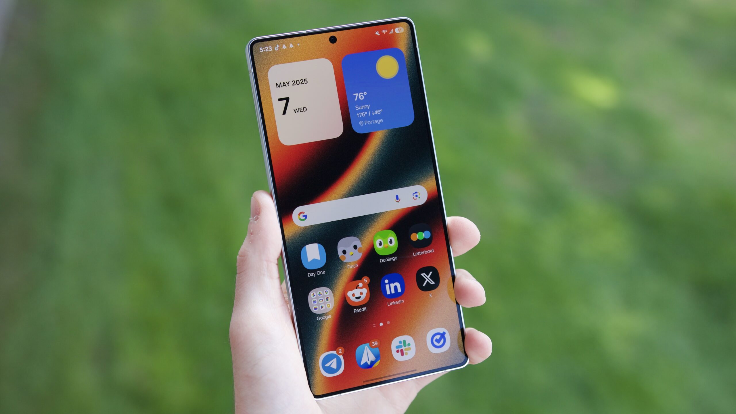 The Samsung Galaxy S25 Ultra, showing its home screen.
